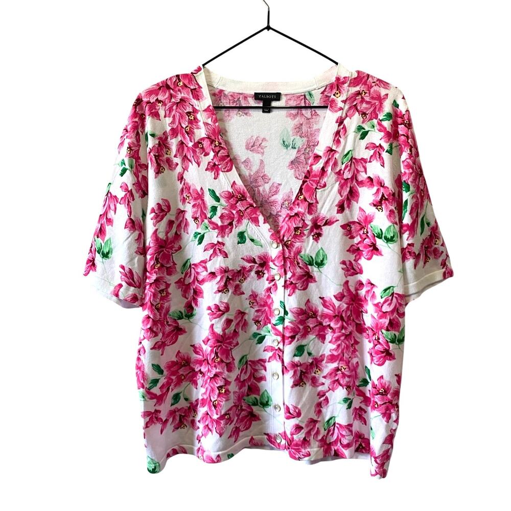 Talbots Kelly Cardigan Pink Floral Short sleeve Boho Preppy Sz L
